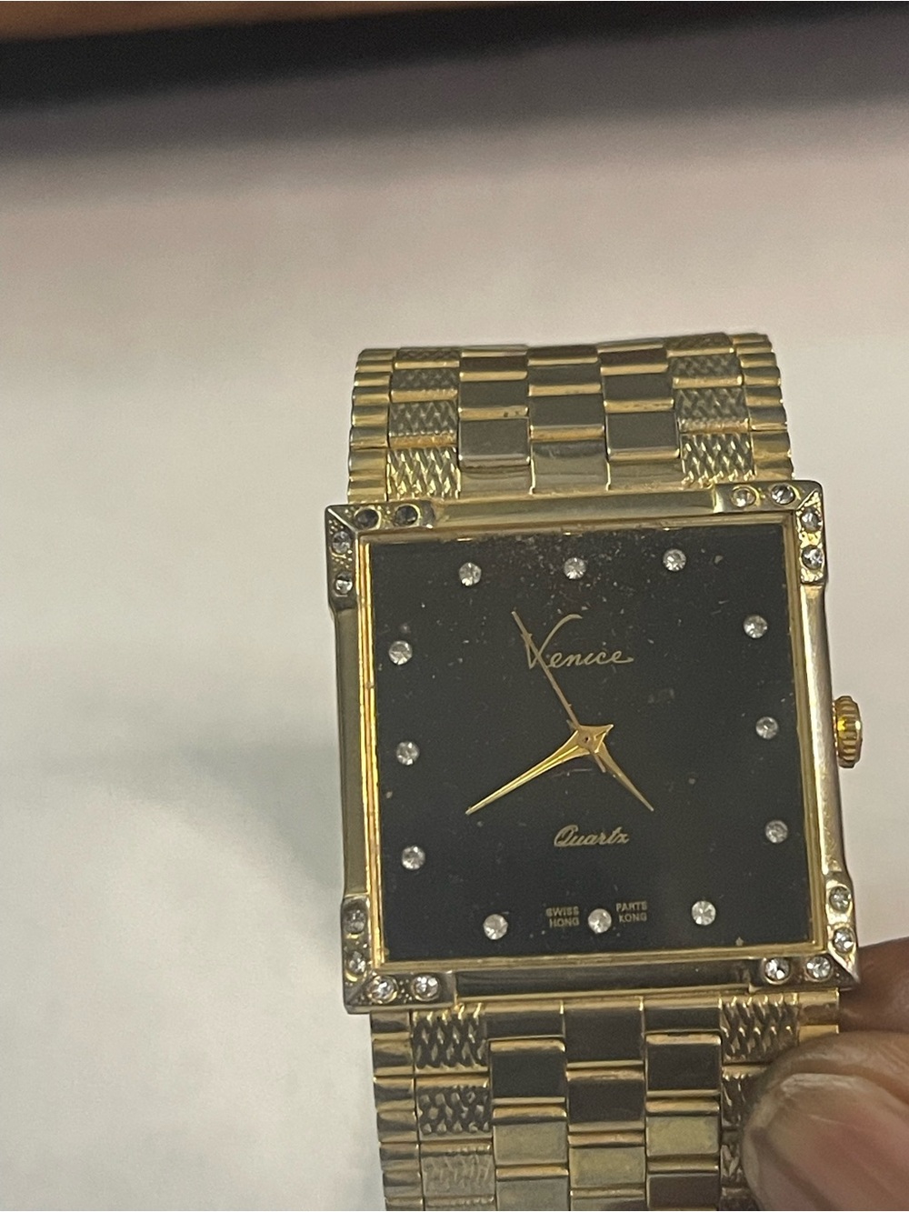 Venice Quartz Watch Gold Tone Square Black Face Rhinestones, needs a battery 7”